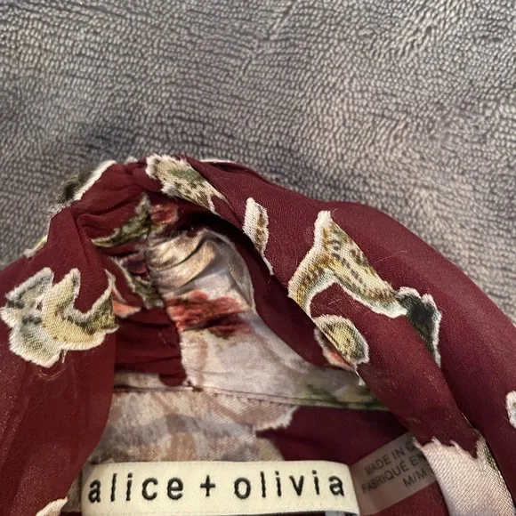 Alice + Olivia Sheer Floral Short-Sleeve Blouse in Beige and Burgundy - Picture 3 of 6